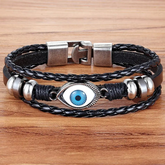 Multi-layers Evil Eye Design Leather Bracelet