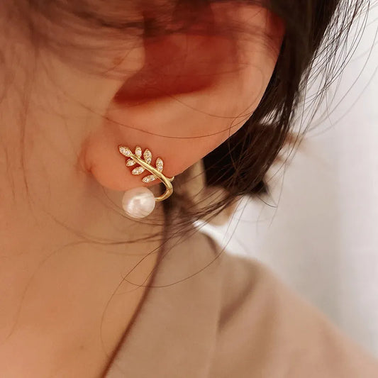 Korean Vintage Pearl Crystal Earrings For Women Jewelry High-class Luxury Zircon Flower Butterfly Leaf Women's Stud Earrings