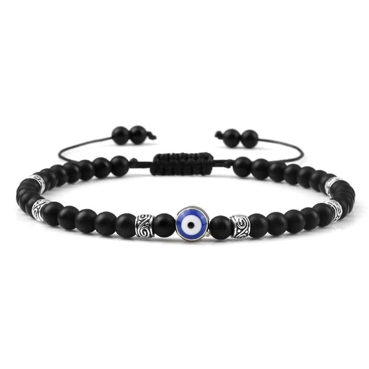 Evil Eye Bracelet 4mm Natural Black Matte Lava Stone  Handmade