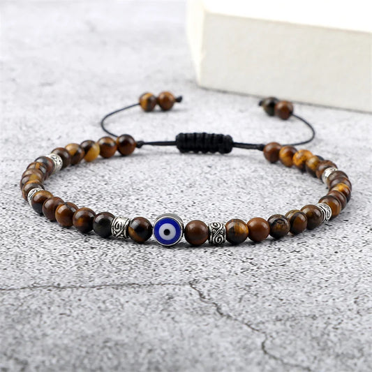 Evil Eye Bracelet 4mm Natural Black Matte Lava Stone  Handmade