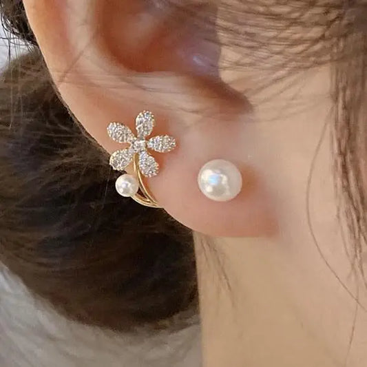 Korean Vintage Pearl Crystal Earrings For Women Jewelry High-class Luxury Zircon Flower Butterfly Leaf Women's Stud Earrings